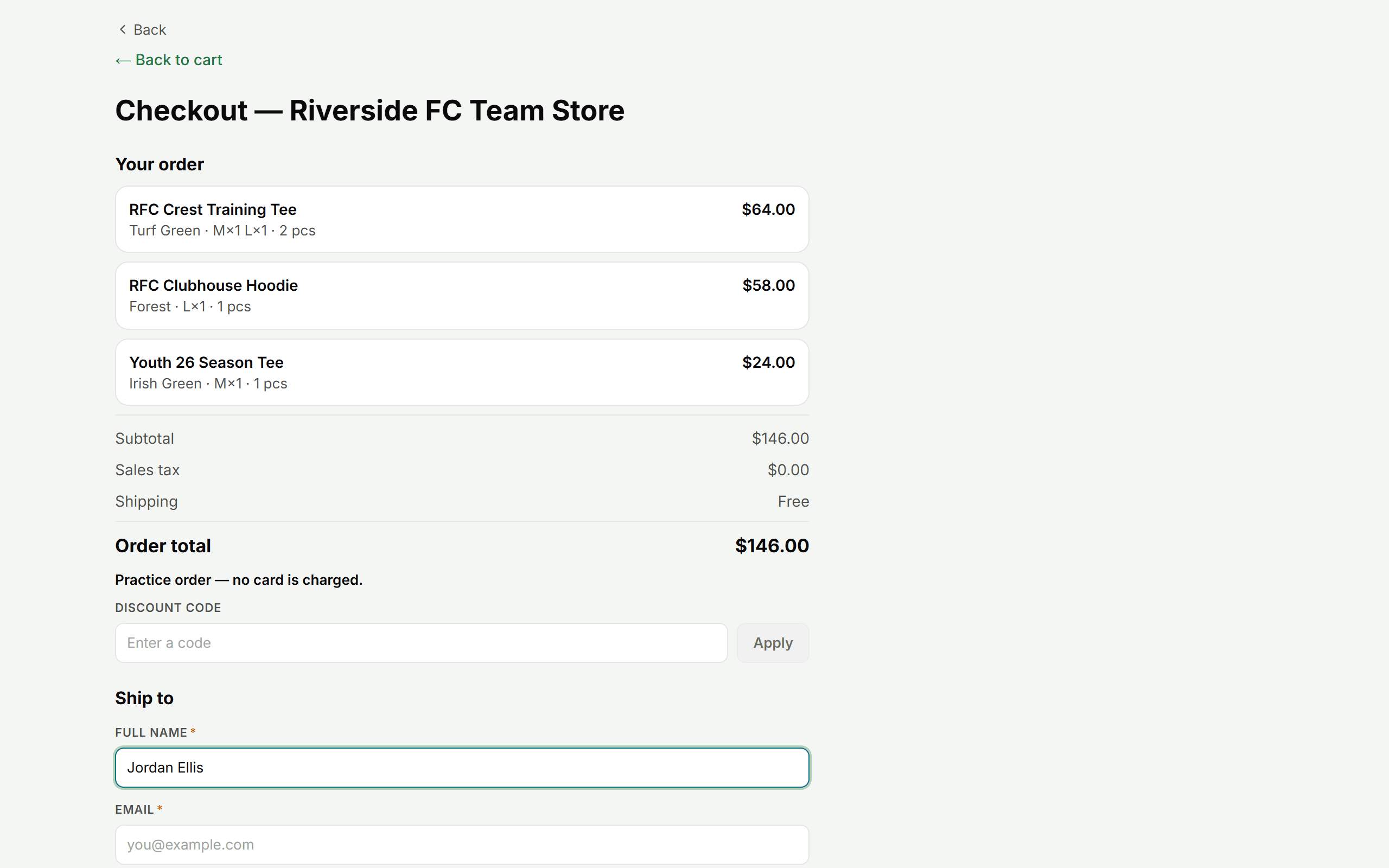 Checkout: the shopper’s order, tax, shipping and total