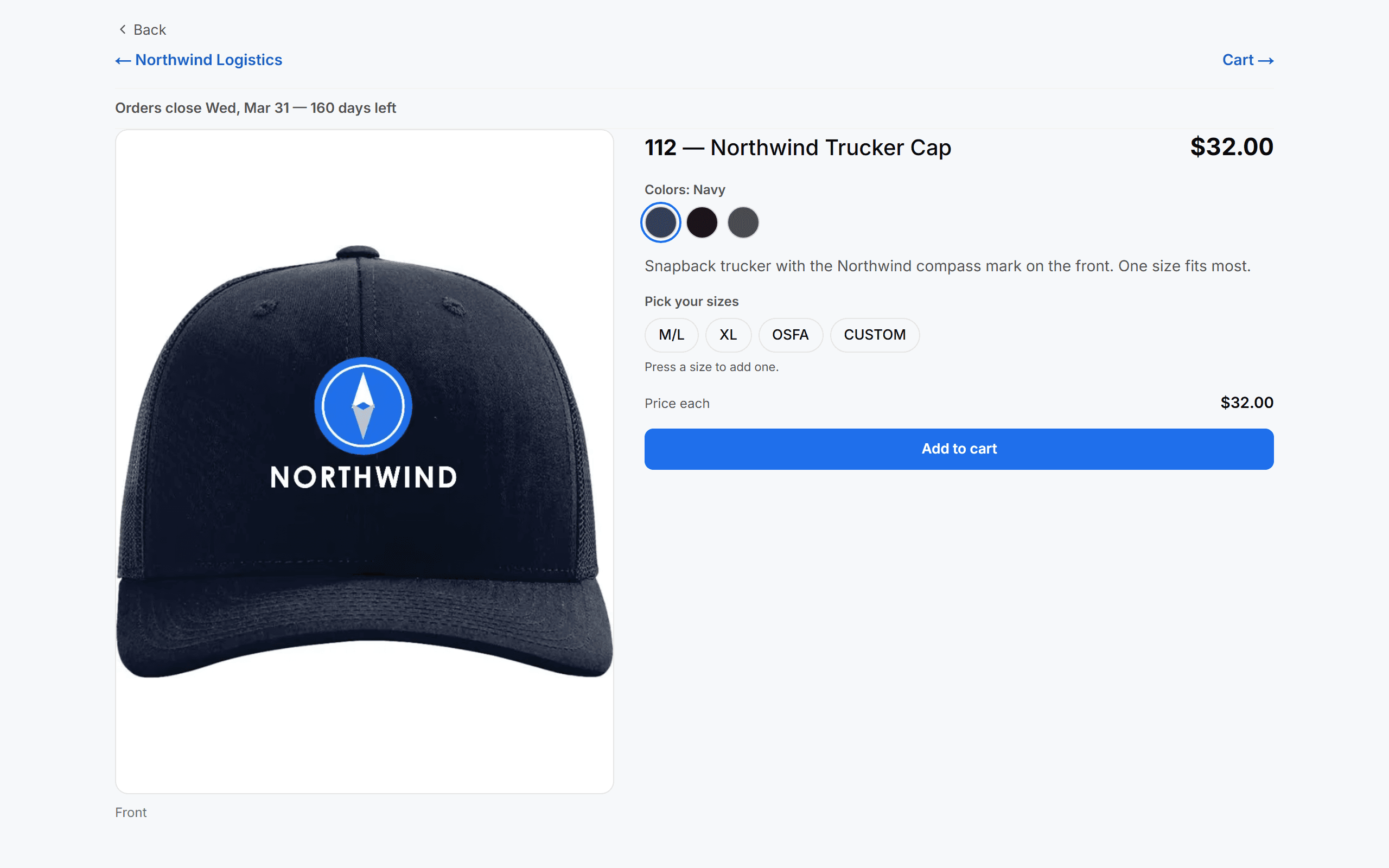 A company cap as the shopper sees it, with the logo on the front